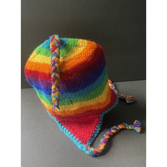 Nepal 100% Wool Beanie Winter Hat Knit Cap Fleece Lined Ski Earflaps Gorpcore - Picture 3 of 5